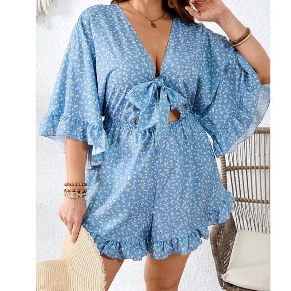 Plus Floral Print Front Tie Ruffle Short Sleeve Romper - Picture 1 of 8